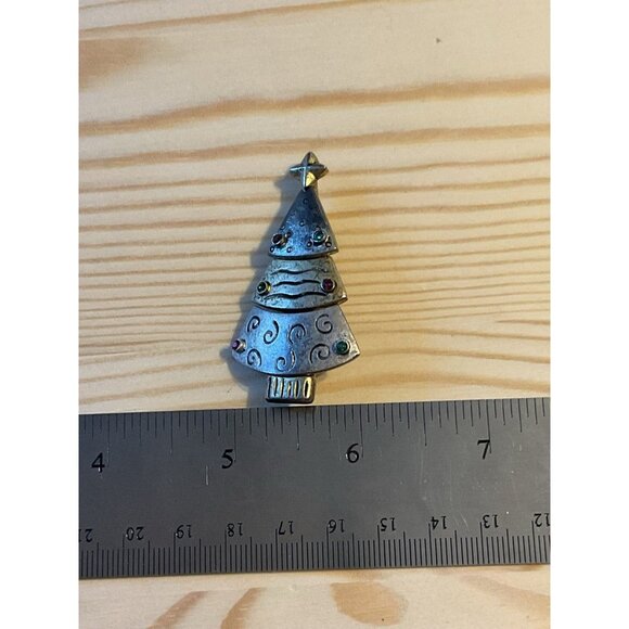 Vintage Signed LIA Christmas Tree Brooch Gold Tone Silver Tone Rhinestone Pin - Picture 5 of 5